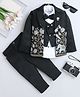Fourfolds Woven Full Sleeves Floral & Elephant Embroidered 3 Piece Party Suit Set With Bow - Black