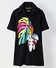 Spunkies Cotton Knit Half Sleeves Leaves Printed Shirt Style Dress - Black