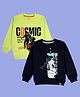 Kiddopanti Cotton Fleece Knit Pack Of 2 Full Sleeves Space Theme & Man Printed Light Winter Sweatshirt - Neon Green & Navy Blue