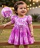 Kookie Kids Satin Woven Half Sleeves Party Frock With Floral Print & Applique - Lavender