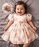 Kookie Kids Woven Half Puffed Sleeves Floral Printed Party Dress with Applique - Ivory