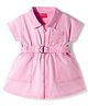 Babyhug Cotton Woven Half Sleeves Solid Color Frock with Belt - Pink
