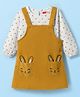 Babyhug Cotton Knit Full Sleeves Inner Tee & Frock With Heart Print & Rabbit Embroidery - Yellow & White