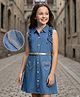 Pine Kids Cotton Woven Frill Sleeves Frock with Heart Patch & Belt - Navy Blue