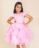 Creative Kids Satin Woven Cap Sleeves Floral Applique Detailed Pearls Embellished Ruffle Dress - Pink
