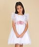 Creative Kids Satin Woven Frill Sleeves Polka Dots Printed  Bow & Floral Applique Detailed Dress - White & Pink