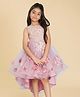 Creative Kids Satin Woven Sleeveless Floral Applique Detailed Beads & Sequins Embellished High Low Dress - Dark Pink
