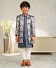 AJ Dezines Jacquard Woven Full Sleeves Floral & Birds Printed Kurta Pant With Sherwani Jacket Set - Grey