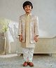 AJ Dezines Jacquard Woven Geometric Embroidered Kurta & Pyjama With Full Sleeves Sherwani Jacket Set - Yellow