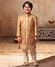 AJ Dezines Jacquard Woven Full Sleeves Floral Embroidered Kurta Pyjama With Sherwani Jacket Set - Mustard