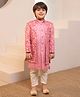 AJ Dezines Jacquard Woven Full Sleeves Floral Embroidered Kurta Pyjama With Sherwani Jacket Set - Pink