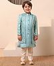 AJ Dezines Jacquard Woven Full Sleeves Floral Embroidered Kurta Pyjama With Sherwani Jacket Set - Blue