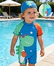 Mark & Mia Raglan Half Sleeves Dino Printed Legged Swimsuit With Cap - Blue