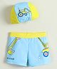 Mark & Mia Swimming Trunk With Vehicle Print & Cap - Blue