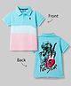 Pine Kids Cotton Knit Half Sleeves Polo T-Shirt with Colour Block Design & Dino Print in Back - Aqua & Pink