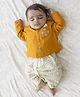 Tiber Taber Cotton Woven Full Sleeves Floral & Swastik Embroidered Kurta Dhoti Set - Yellow