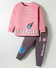 CUCUMBER Sinker Knit Full Sleeves T-Shirt & Lounge Pant Set with Text Print - Pink