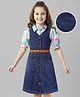Hola Bonita Cotton Woven Half Puffed Printed Top with Denim Dress & Belt - Blue