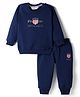 RUFF Knit Full Sleeves Sweatshirt & Jogger Set With Text Print - Navy Blue