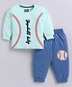 Nottie Planet Cotton Knit Full Sleeves Baseball Baby Text Printed Tee & Pant Set - Green