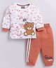 Nottie Planet Cotton Knit Full Sleeves Teddy Bear Printed Tee & Pant - Rust