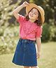 OLLINGTON ST. Cotton Schiffli Half Sleeves Solid Top & Denim Skirt Set - Pink & Blue