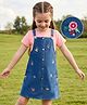 Hola Bonita Woven Half Sleeves T-Shirt with Floral Embroidered Denim Pinafore - Blue