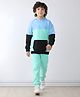 Anthrilo Fleece Knit Full Sleeves Colour Blocked Hoodie With Joggers Set - Blue & Sea Green
