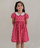 Soleilclo Cotton Woven Half Puffed Sleeves Vintage Rose Printed Peter Pan Collared Dress - Red