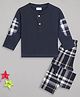 Sheer Love Cotton Knit Full Sleeves Placement Checked Night Suit Set - Navy Blue