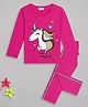 Sheer Love Cotton Knit Full Sleeves Unicorn Printed Night Suit Set - Fuchsia