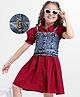 Hola Bonita Cotton Woven Half Puffed Sleeves Solid Colour Dress with Denim Jacket - Maroon