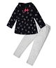 Nino Togs Cotton Jersey Knit Full Sleeves Hearts Printed Bow Applique Detailed Top & Pant Set - Black And Grey