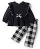 CrayonFlakes Cotton Knit Full Sleeves Bow Applique Frill Detailed Top With Coordinating Culotte Set - Black
