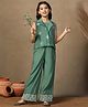 Fashion Dream Chanderi Woven Sleeveless Solid Crop Top & Palazzo With Floral Thread Work Embroidered Jacket Set - Green