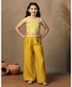 Fashion Dream Chanderi Knit Sleeveless Floral Embroidered Crop Top & Palazzo Set - Yellow