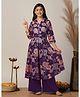 Fashion Dream Chanderi Woven Three Fourth Sleeves Floral Printed Gota Lace Embellished Kurti With Palazzo Set - Dark Purple