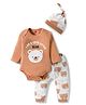 Babyhug 100% Cotton Interlock Knit Full Sleeves Animal Printed Onesies With Leggings & Cap - Brown