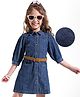Hola Bonita Woven Three Fourth Sleeves Solid Color Denim Shirt Dress with Belt - Blue