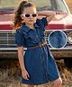 Hola Bonita Denim Half Puffed Sleeves Shirt Style Frock With Belt - Blue