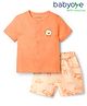 Babyoye 100% Cotton Half Sleeves Front Open T-Shirt & Shorts Set with Teddy & Vehicle Print - Light Orange