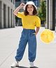 OLLINGTON ST. Cotton Schiffli Half Sleeves Top & Denim Joggers Set - Yellow & Blue