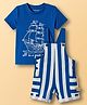 Babyoye 100% Cotton Cotton Knit Striped Half Sleeves Dungaree with Inner Tee & Ship Print - Blue