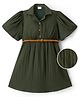 Hola Bonita Knit Half Flutter Sleeves Texture Solid Color Dress With Belt - Dark Green