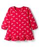 Babyhug Cotton Knit Full Sleeves Nighty With Bow Print - Red