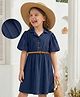 Hola Bonita Knit Half Flutter Sleeves Solid Color Textured Dress & Belt - Navy Blue