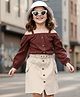 OLLINGTON ST. Cotton Swiss Dot Cold-Shoulder Three Fourth Sleeves Solid Top & Twill Skirt Set - Brown & Beige