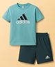 ADIDAS KIDS Cotton Knit Half Sleeves Top & Shorts Set with Brand Logo Print - Aqua Blue