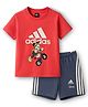 ADIDAS KIDS Cotton Knit Half Sleeves Top & Shorts Set with Brand Logo Tape Detailing & Mickey Print - Coral & Grey