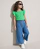 OLLINGTON ST. Cotton Schiffli Frill Half Sleeves Top & Denim Joggers Set - Green & Blue